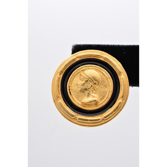 Vintage Roman Coin Earrings Brushed Gold Matte Black Enamel Chunky NOS 1980s 9E - Picture 6 of 12